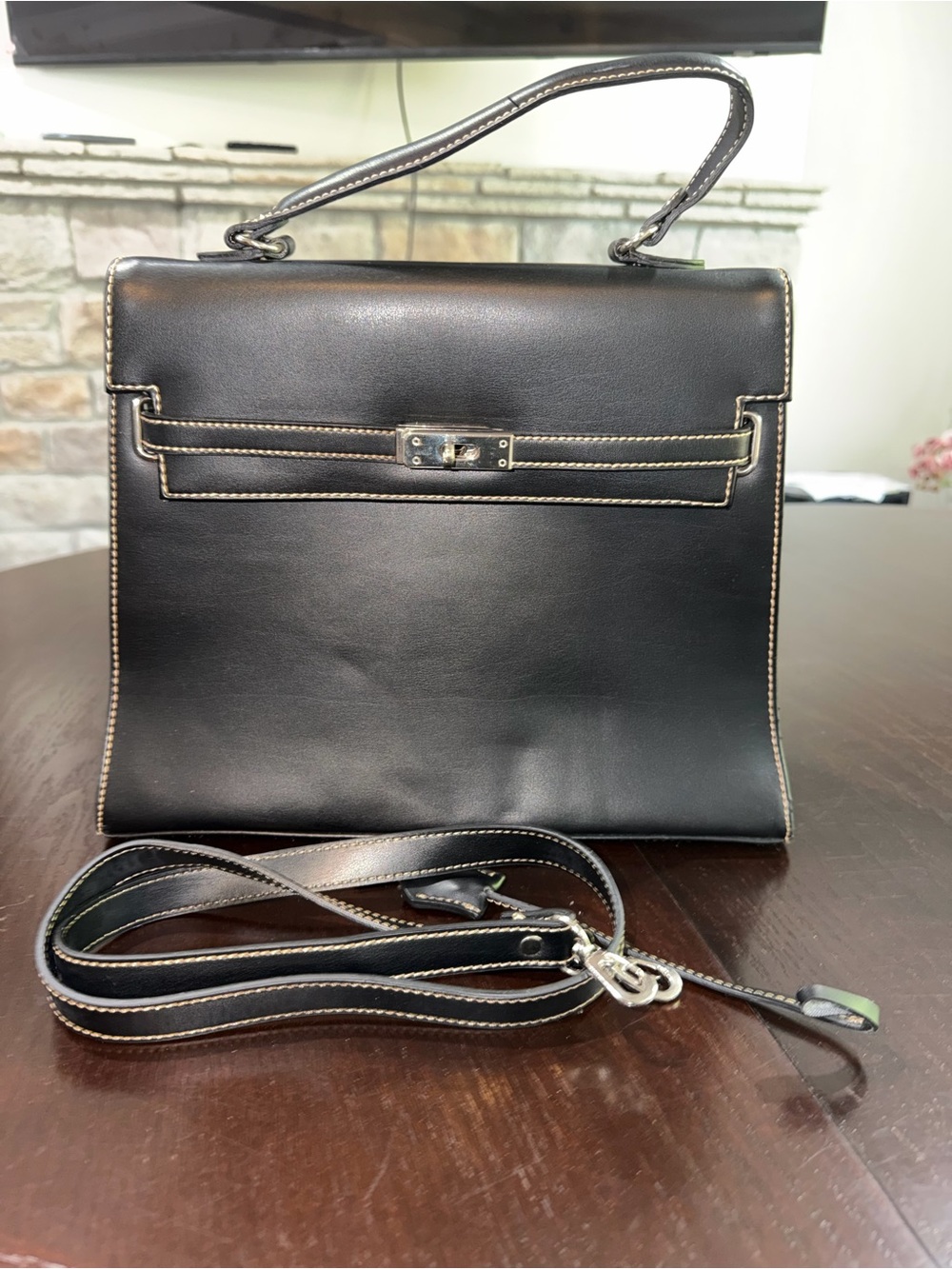 Vintage Structured Black Leather Top Handle Bag Satchel Kelly Style w/ Strap